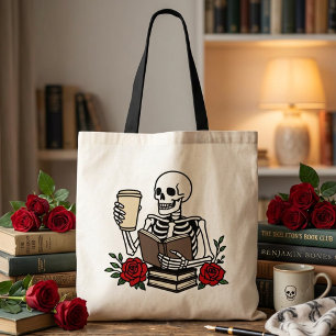Bolsa Tote Amante de Livros Divertido Esqueleto Floral Vermel