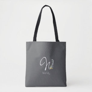 Bolsa Tote Amante de Pilates monograma floral aquarela cinza