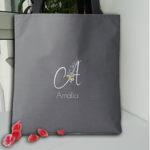 Bolsa Tote Amante de Pilates Monograma floral aquarela pret