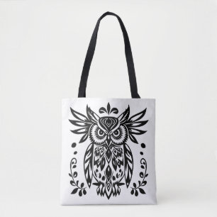 Bolsa Tote Amantes de Coruja Bosque Rústico Preto Branco Boêm