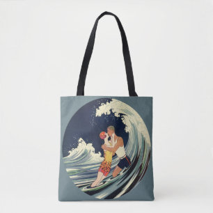 Bolsa Tote Amantes do Art Deco Vintage se beijam nas ondas da