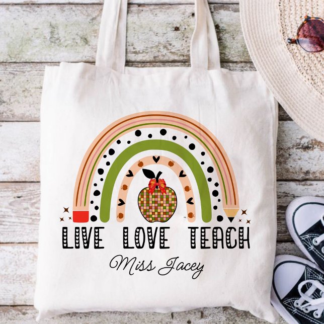 Bolsa Tote Amar Ensinar Apreciação do Professor Arco-Íris (LIVE LOVE TEACH RAINBOW Personalized Name Teacher tote bag, teacher gift, teacher appreciation )