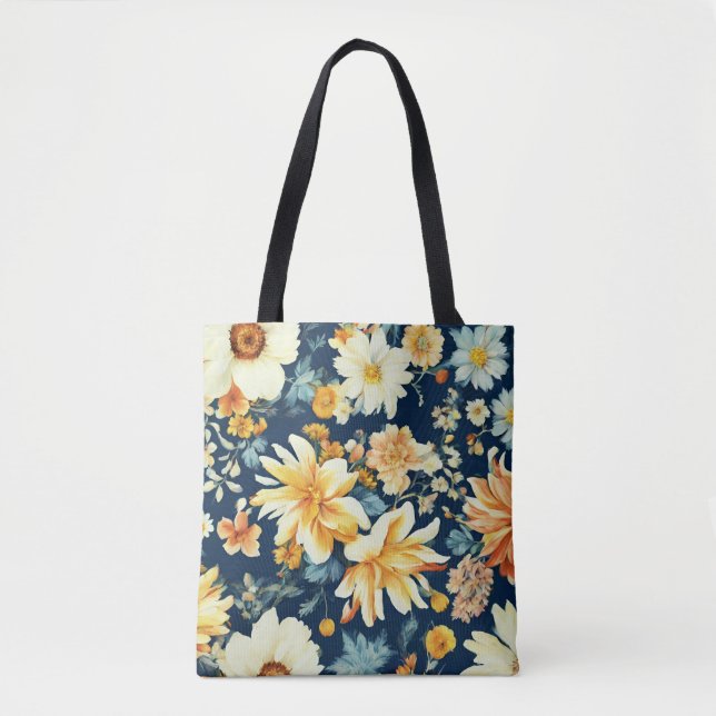 Bolsa Tote Amarelo-alaranjado e flores brancas deliciosas (Frente)