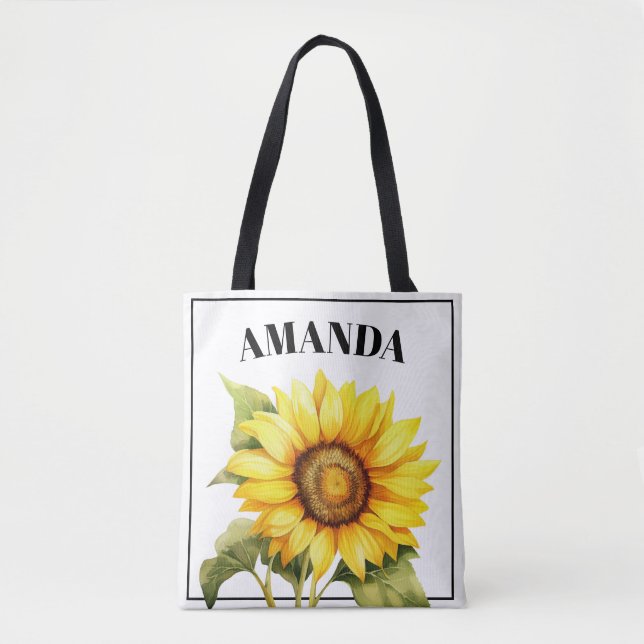 Bolsa Tote Amarelo Amarelo Nome Curvo Personalizado Girassol (Frente)