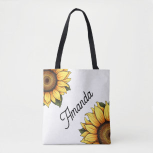 Bolsa Tote Amarelo-aquarela Nome Diagonal Dois Girassóis
