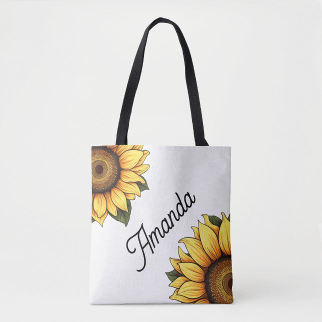 Bolsa Tote Amarelo-aquarela Nome Diagonal Dois Girassóis (Frente)