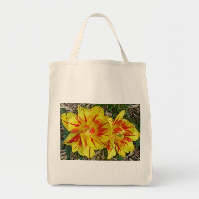 Bolsa Tote Amarelo com barra orgânica de flores com risca ver (Frente)