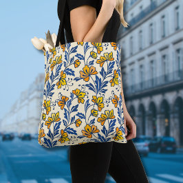 Bolsa Tote Amarelo Floral Folclórico Azul Folha Floral Vintag
