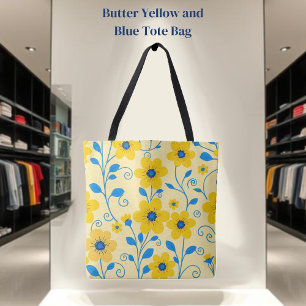 Bolsa Tote Amarelo-Manteiga e Floral Azul
