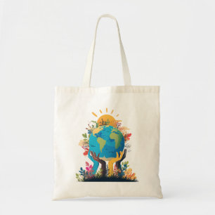 Bolsa Tote Ambiente - Ilustração da Terra com Mão e Sol
