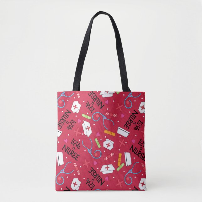 Bolsa Tote Ame um Enfermeiro Vermelho com Enfermeira Motifs (Frente)
