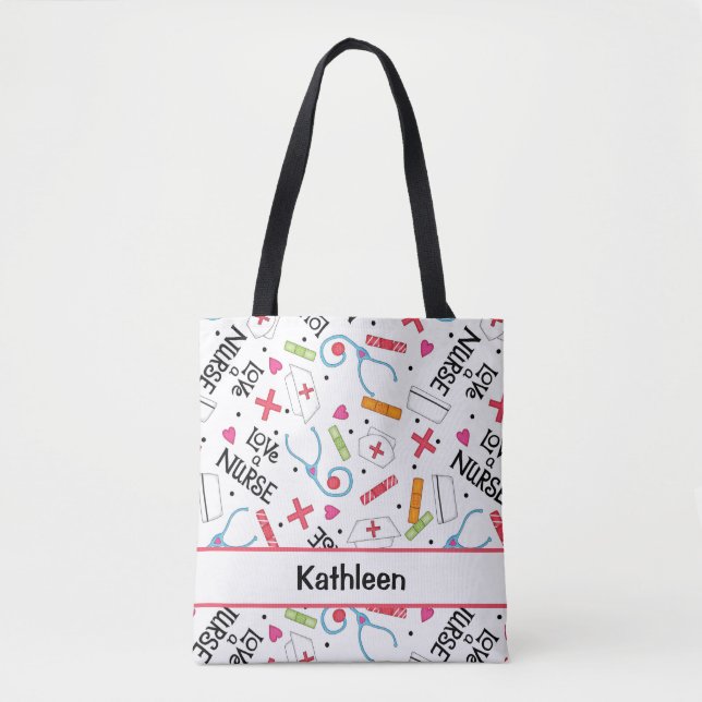 Bolsa Tote Ame um nome branco da arte da enfermeira (Frente)