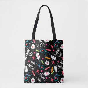 Bolsa Tote Ame um preto da arte da enfermeira com motivos da