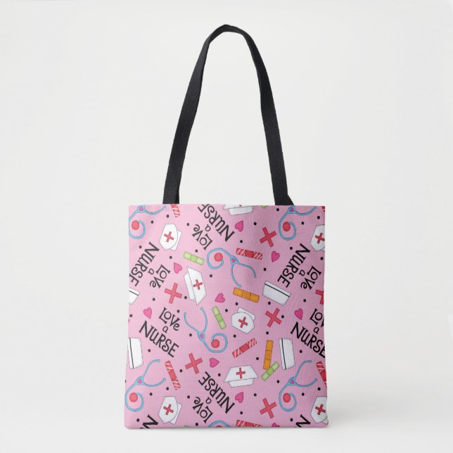Bolsa Tote Ame uma Enfermeira Rosa com Enfermeira Motifs (Frente)