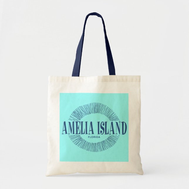 Bolsa Tote Amelia Island em azul com design de sol (Frente)
