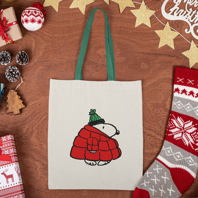 Bolsa Tote Amendoins | Jaqueta Snoopy Red Puffer (Tote bag on table)