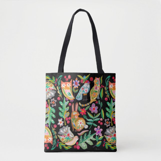 Bolsa Tote Amigos de Animais Florais de Arte Folclórica Preto (Frente)