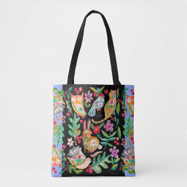 Bolsa Tote Amigos de Animais Florais de Arte Folclórica Preto (Frente)