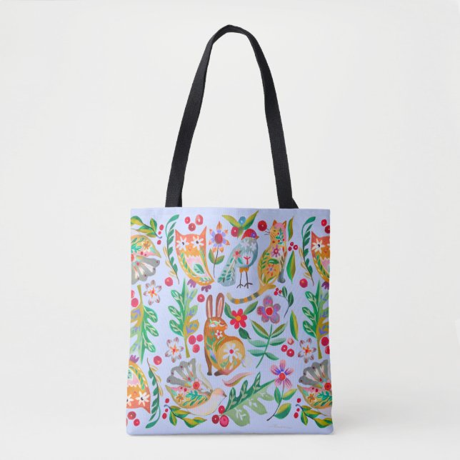 Bolsa Tote Amigos de Animais Florais Folk Art Personalizáveis (Frente)