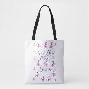 Bolsa Tote amo você mãe roxo flores malva nome simples