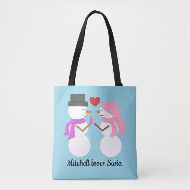 Bolsa Tote Amor & Bonecos de Neve: Azul Claro (Frente)