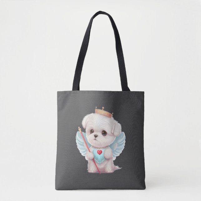 Bolsa Tote Amor Celestial: Cachorro Maltês Bonito Anjo (Frente)
