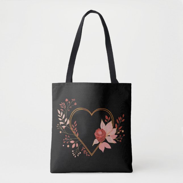 Bolsa Tote Amor coração com flor e folhas (Frente)