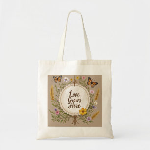 Bolsa Tote Amor cresce vassoura, flores silvestres, trigo, bo