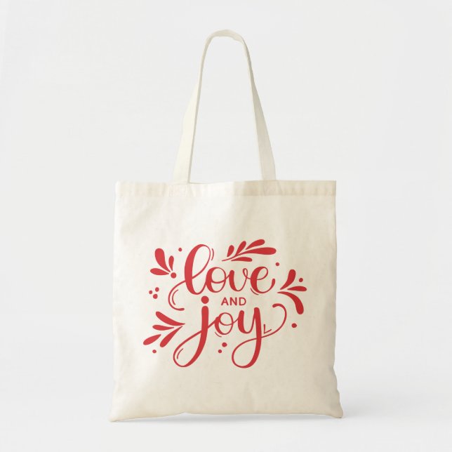Bolsa Tote Amor e Alegria. Caligrafia com script Red Christma (Frente)