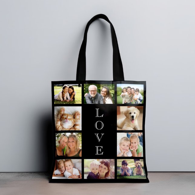 Bolsa Tote Amor Familiar 10 Colagem de Fotos Preta (Criador carregado)