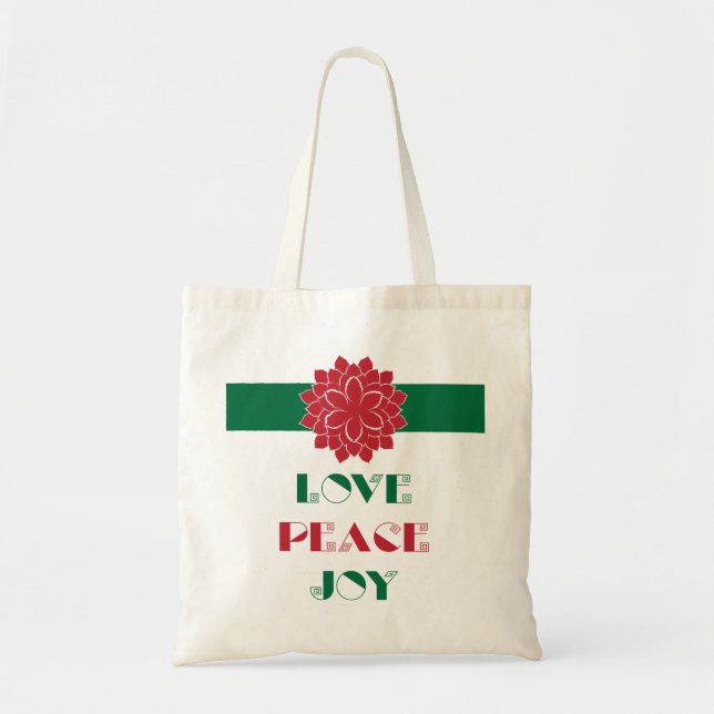 Bolsa Tote Amor Moderno, Paz, Joy texto com poinsettia (Frente)