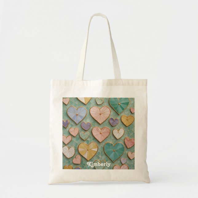 Bolsa Tote Amor Mosaico: Corações Pastel (Frente)