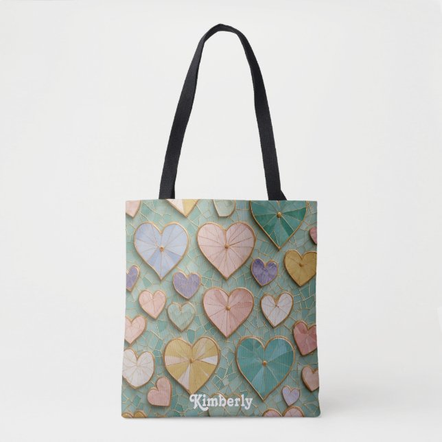 Bolsa Tote Amor Mosaico: Corações Pastel (Frente)