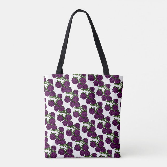 Bolsa Tote amora preta, verde-roxo, fruta macia, com padrão (Verso)