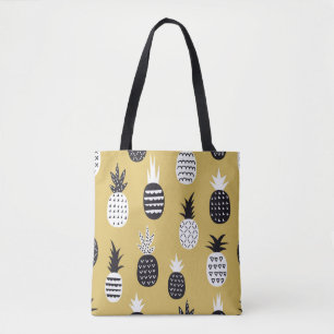 Bolsa Tote Ananás brancos, pretos, fundo amarelo