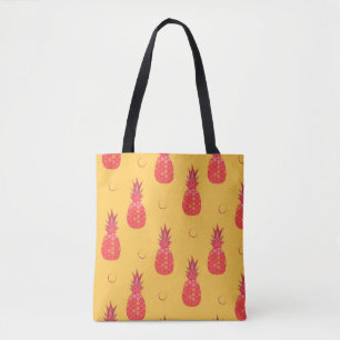 Bolsa Tote Ananás rosa sobre fundo laranja. Peça sem costur