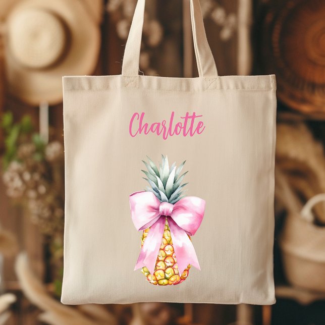 Bolsa Tote Ananás tropical, cor-de-rosa, arco (Criador carregado)