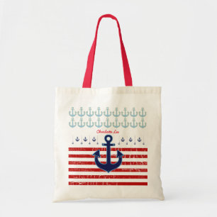 Bolsa Tote âncora com faixas vermelhas, náutica e personaliza
