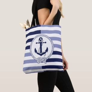 Bolsa Tote Âncora de navio azul marinho náutico, faixa azul