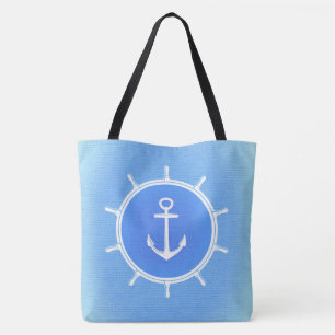 Bolsa Tote Âncora e roda náutica azul-claro e branca