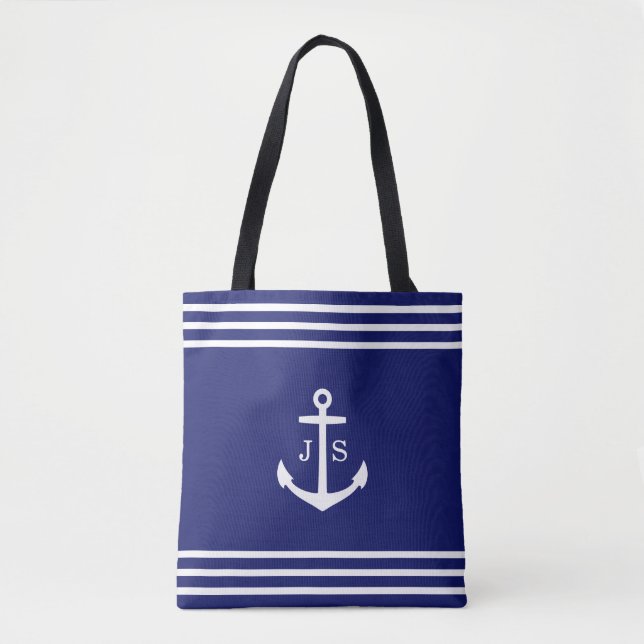 Bolsa Tote Âncora monograma náutica (azul) (Frente)