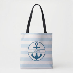 Bolsa Tote Âncora Náutica Azul Branco Personalizado