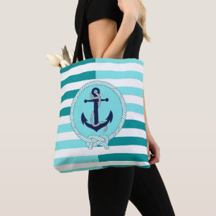 Bolsa Tote Âncora náutica azul do navio marinho, faixa azul a