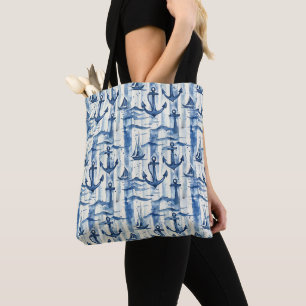 Bolsa Tote Âncora Náutica Azul e Branco