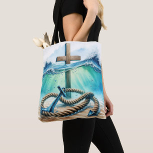 Bolsa Tote Âncora Náutica e cruz na água do oceano