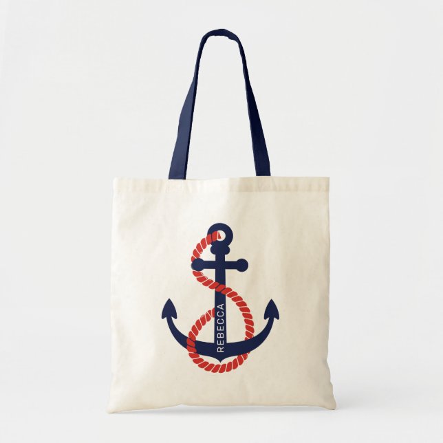 Bolsa Tote âncora náutica marinho-azul e laranja (Frente)