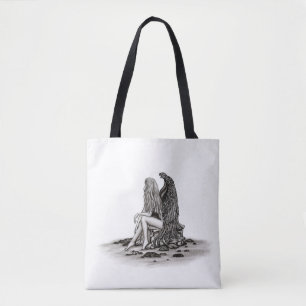 Bolsa Tote Angel, perdido no pensamento, Design preto e branc