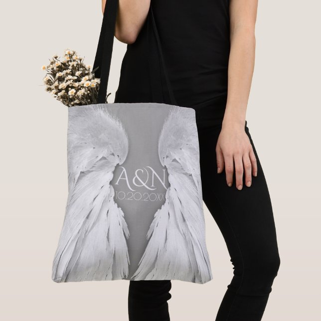 Bolsa Tote ANGEL WINGS Iniciais de Casamento Cinzas Elegantes (Close Up)