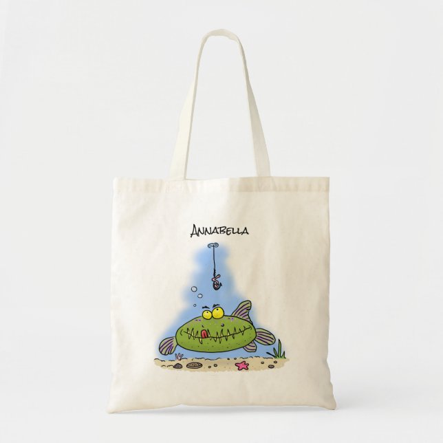 Bolsa Tote Animação de peixe verde esfomeado e gordo Engraçad (Frente)