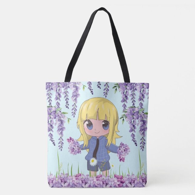 Bolsa Tote animadora feliz com flores (Frente)